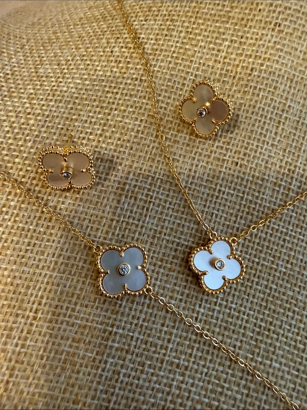 Gold & White vanilla Clover Necklace and Earrings Set